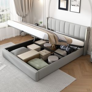 Cama estofada 140x200cm com arrumação usb LED pu – cinzento