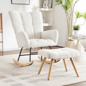 Cadeira balanço com pufe apoio pés tecido macio branco 92cm