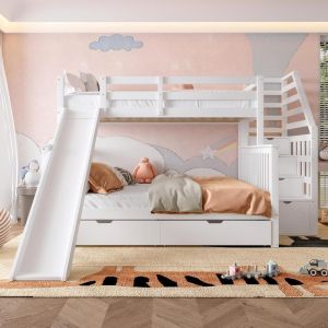 Beliche com escorrega e gavetas 90x200 e 140x200 cm madeira branca