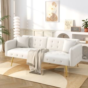 Sofá cama 2 lugares em veludo branco antigo com encosto ajustável