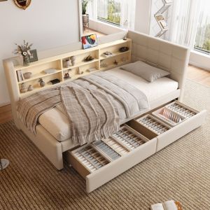 Cama de dia 90 x 200 cm em linho bege com 2 gavetas usb e porta tipo c