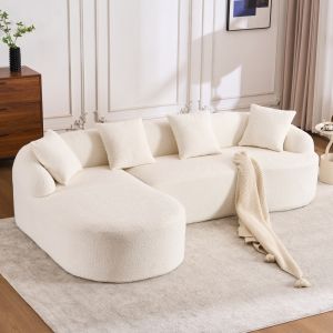 Sofá de canto em l com chaise longue esquerda em chenille branco
