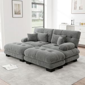 Sofá modular em chenille cinzento com 2 otomanas e almofadas