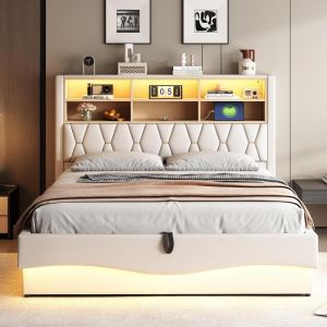 Cama estofada 180x200cm com arrumação LED usb bege