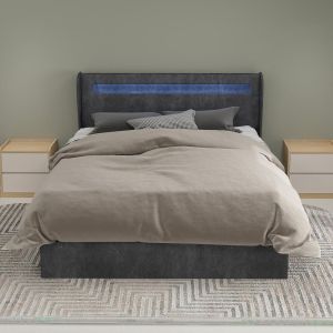 Cama com LED e arrumação elevável 140x200cm cinzenta, sem colchão