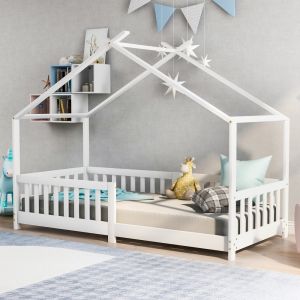 Cama casinha infantil 90x200cm com grade e estrado madeira maciça – branco