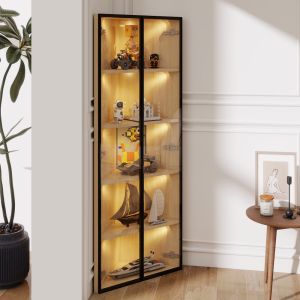 Vitrina de canto em vidro com iluminação LED carvalho 62 x 35 x 160 cm