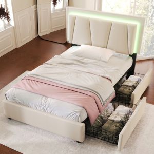 Cama estofada 90x200cm com arrumação LED e cabeceira regulável tecido bege