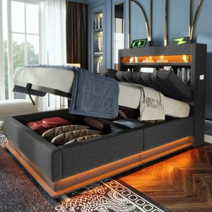 Cama estofada 90x200cm com arrumação LED linho – cinzento