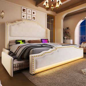 Cama de veludo 180x200cm com LED e 4 gavetas bege