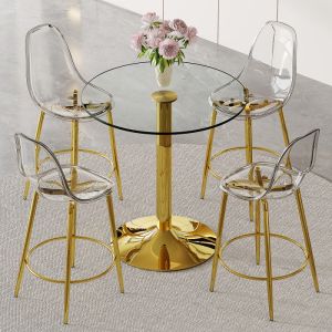 Conjunto bar mesa redonda em vidro 4 bancos transparentes dourado