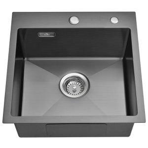 Pia de cozinha cinza-preta 45x45x19cm 1 tigela inox com sistema de drenagem