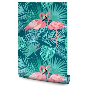 Papel de parede quarto flamingo tropical leaves natureza