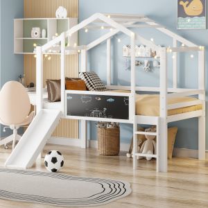Cama infantil 90x200cm com escorrega tabela e casinha madeira – branco