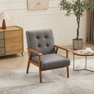 Poltrona em couro cinzento com estrutura em madeira - estilo nórdico