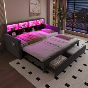 Cama ninho extensível 90x190 cm, 180 cm, LED usb-c, gavetas, cinzento