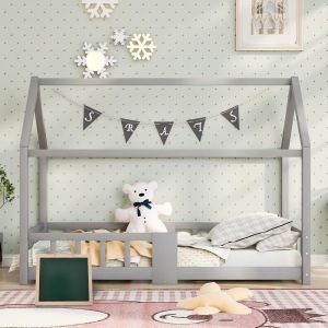 Cama infantil casinha 90x200cm pinho com quadro e barreira cinzenta