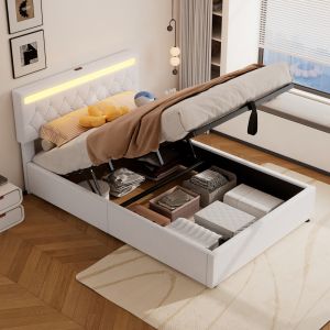Cama estofada 140x200cm com arrumação e LED usb e usb c linho branco