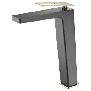Misturador monocomando para lavabo alto em latão preto e ouro escovado