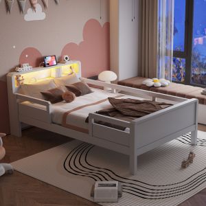 Cama infantil 90x200cm com LED e usb arrumação madeira – cor branco