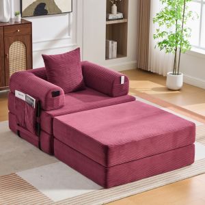 Poltrona modular em bombazina vermelho vinho com puff e bolso lateral