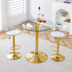 Conjunto mesa alta redonda vidro e 2 bancos acrílicos dourado transparente