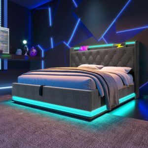 Cama de casal 180x200 cm com arrumação hidráulica LED 360, cinzenta