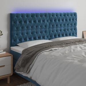 Cabeceira cama c/ luzes LED veludo 180x7x118/128cm azul-escuro