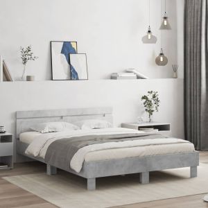 Cama cabeceira e luzes LED 150x200cm cinzento cimento