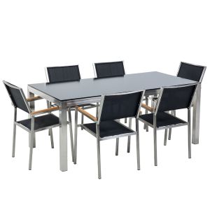 Conjunto de refeição de jardim 6 lugares grosseto vidro temperado preto