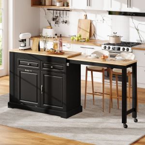 Ilha de cozinha com rodízios e gavetas preto e natural 92x180x45cm