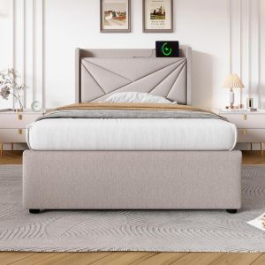 Cama 90x200cm com usb-c, arrumação e ripas de madeira, cinzento