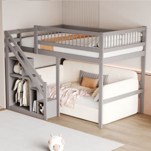 Cama de madeira 140x200cm com escada e arrumação grade alta – cinzento