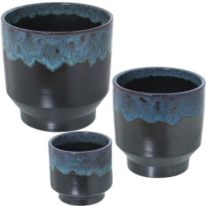 Conjunto de 3 vasos de cerâmica, azul e preto reativo