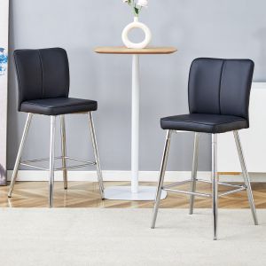 Banco de bar pu preto e prateado encosto ergonómico base metálica 101cm