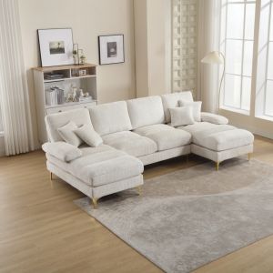 Sofá em u em chenille bege 4 lugares com duas chaise longue
