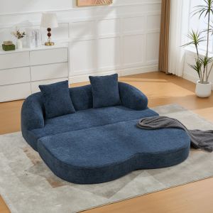 Sofá-cama 2 lugares em chenille azul marinho dobrável com 2 almofadas