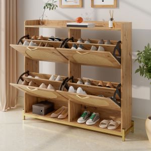 Sapateira compacta em madeira e metal natural 100x108,5x24cm