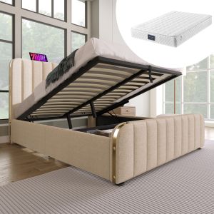 Cama de casal 140x200cm com arrumação e porta usb linho – bege
