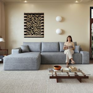 Sofá de canto modular em l com chaise longue em tecido cinzento 4 lugares