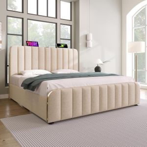 Cama 160x200cm linho, cabeceira acolchoada, baú hidráulico bege