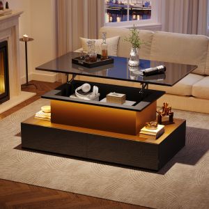 Mesa de centro LED preta brilho alto 4 gavetas 41x90x55cm