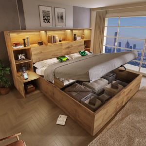 Cama de casal 180x200cm com arrumação LED e usb madeira – carvalho