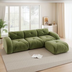 Sofá modular em l em chenille verde 3 lugares com apoio para pés