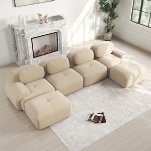 Sofá modular de canto em bombazina bege sem montagem 388x178x75 cm