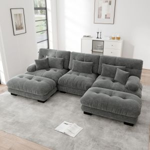 Sofá modular em u chenille cinzento com otomanas e assento profundo