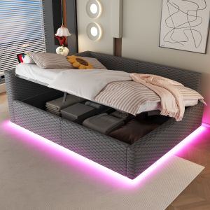 Sofá cama 140x200cm com arrumação LED e usb veludo cinzento