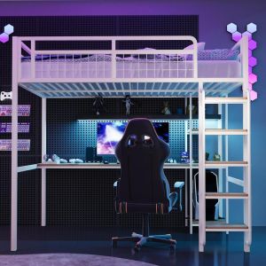 Cama alta de metal 140x200cm com secretária, estantes, escada branca