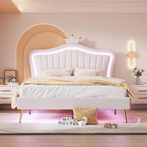 Cama princesa com LED multicolor 140x200cm branca, coroa ajustável