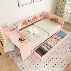 Cama individual 90x200cm com secretária e arrumação madeira rosa